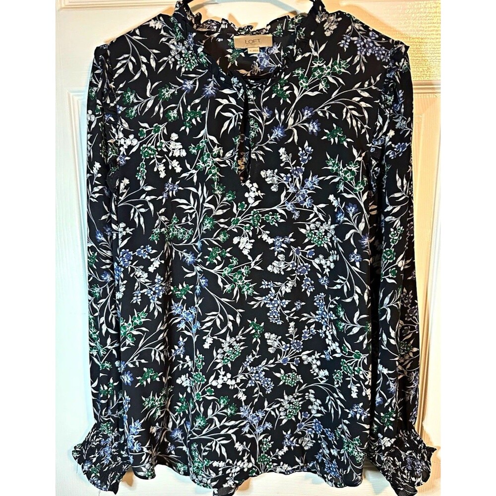 LOFT Women's Black Floral Ruffle Tie Neck Long Sleeve Blouse Top Size M